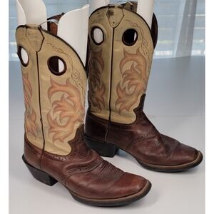 Mens 8D Justin‎ Cowboy Boots Brown Leather Tan Shaft Western Pull-On Rodeo Style